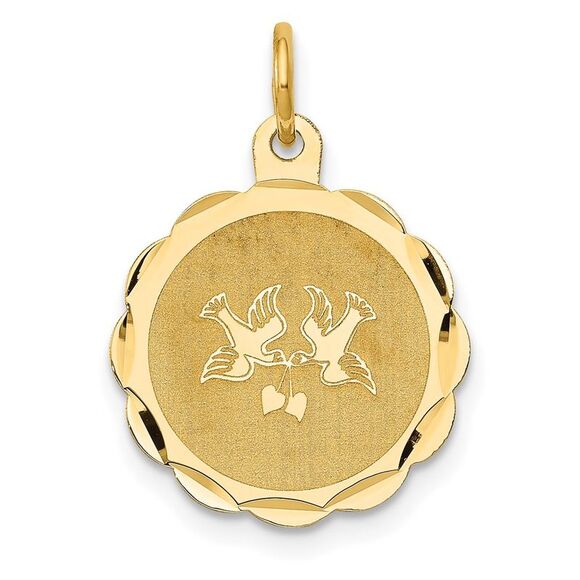 14k Yellow Gold Love Birds Disc Charm or Pendant 16mm